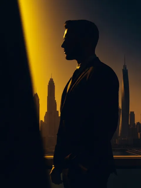 Editorial silhouette portrait against Dubai skyline