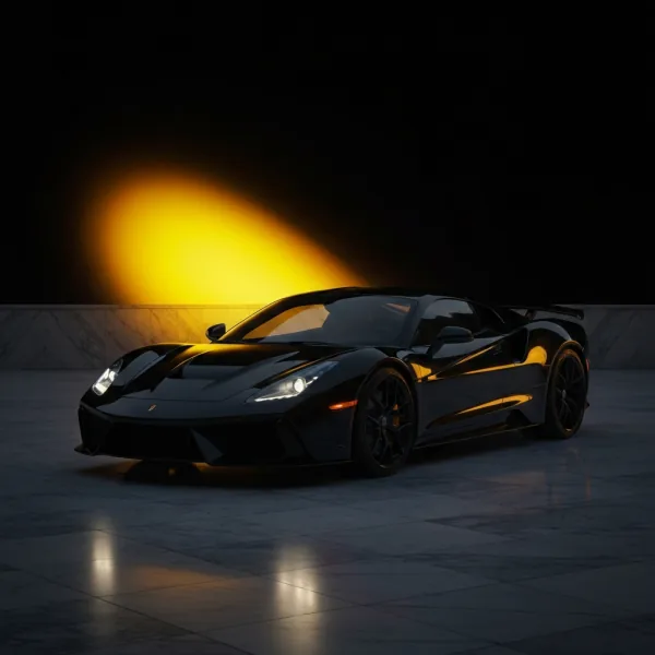 Black supercar in marble courtyard