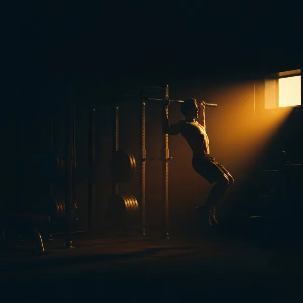 Athletic silhouette mid pull-up in private gym