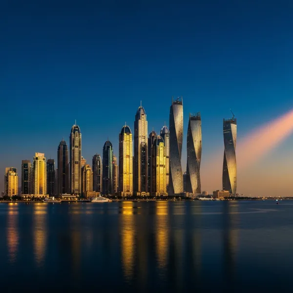 Dubai marina skyline at golden hour