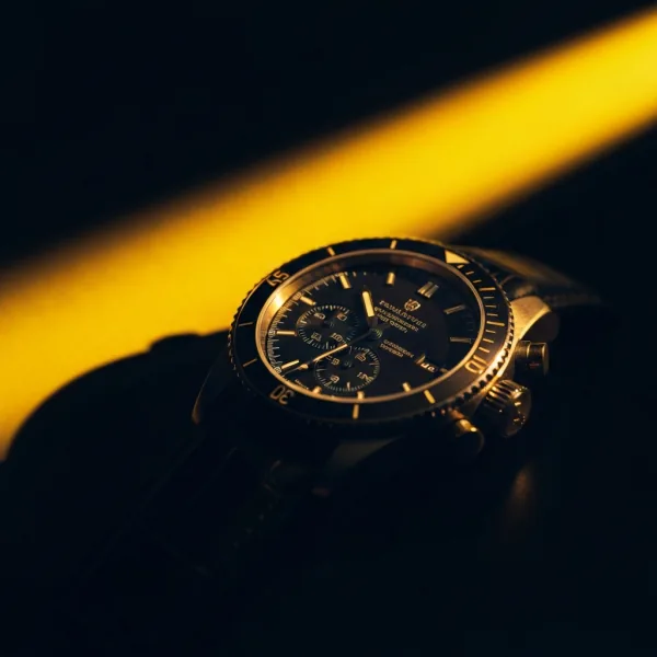 Luxury chronograph in warm golden light